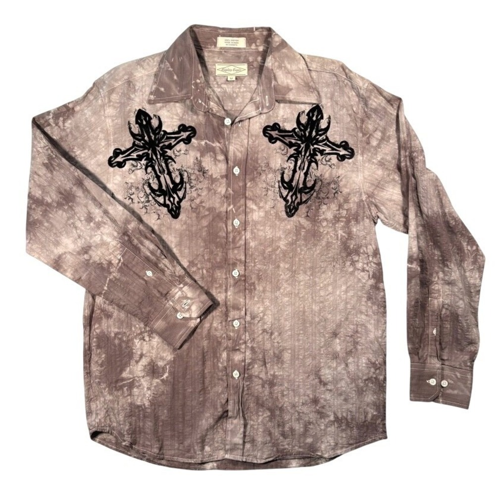 Eighty Eight Mens M Y2K Gothic Cross Wing Graphic Acid Wash Button Up Shirt